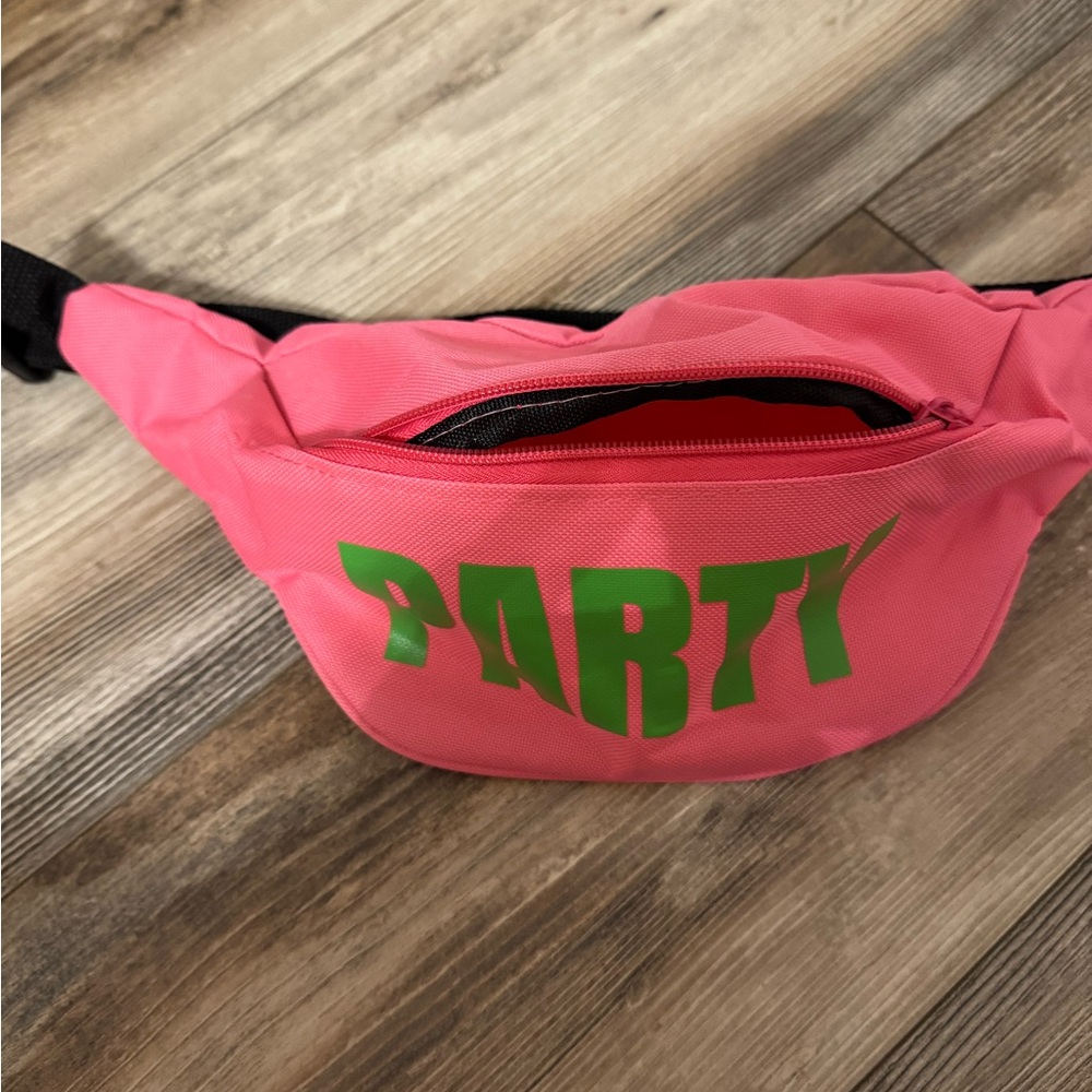 Vibrant Pink Party Waist Bag with Green Lettering